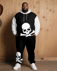 Large Size Men's Autumn And Winter Warm Cold-proof Black & White Sleeves Contrast Color Skull Figure Printed Hoodie Sweatpants Set