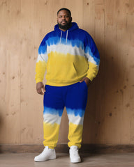Large Size Men's Autumn And Winter Warm Cold-proof Blue & Yellow Neon Gradient Contrast Hoodie Sweatpants Set