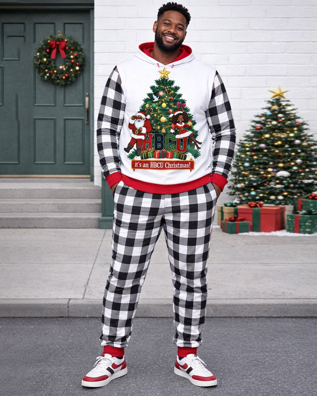 Large Size Men's Autumn And Winter Warm Christmas Plaid Stitching Chest Large Printed Hoodie Sweatpants Set