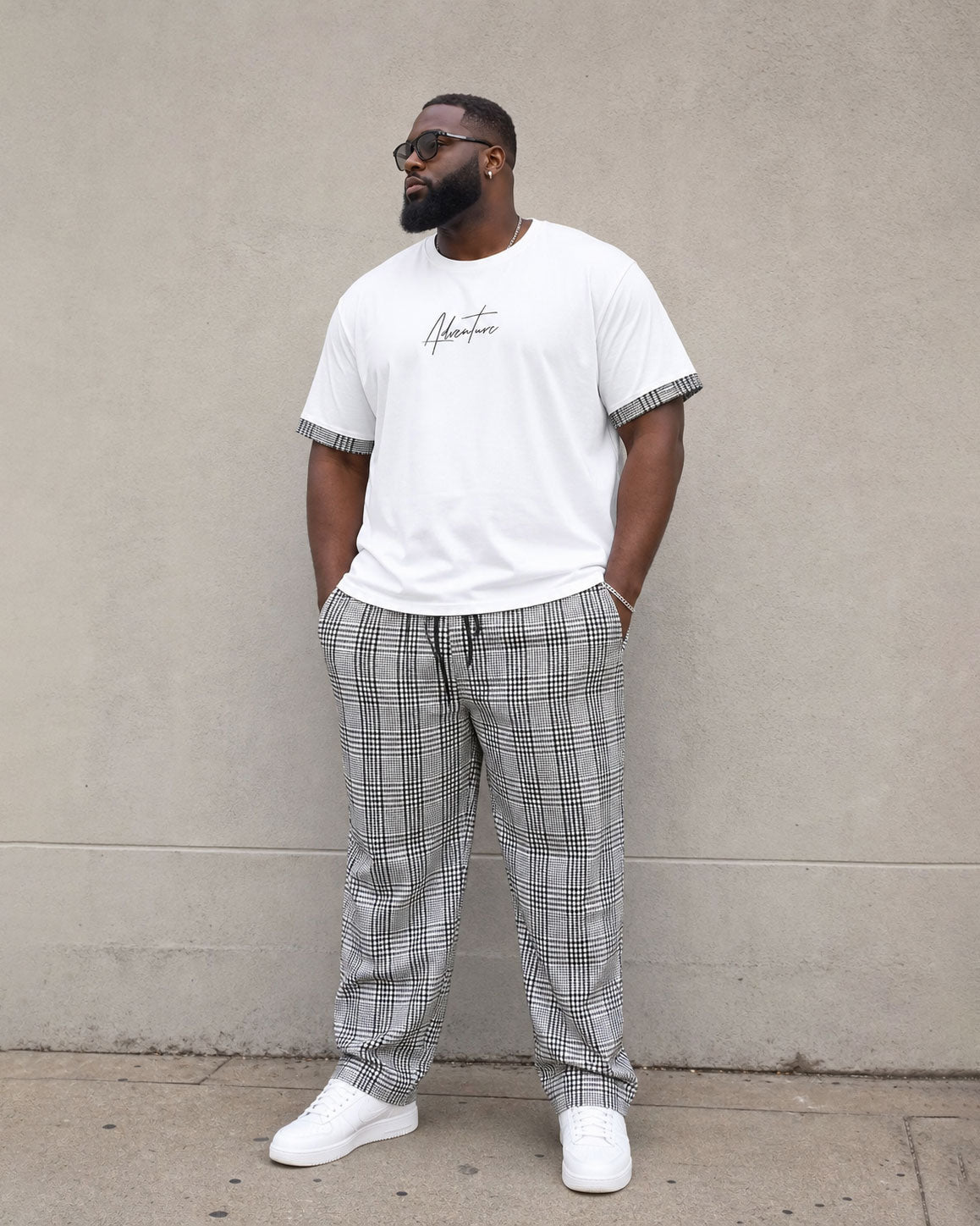 Big & Tall Men's Check Stitching Contrast Color Chest Slogan Printed Short Sleeve T-shirt Sports Pants Suit