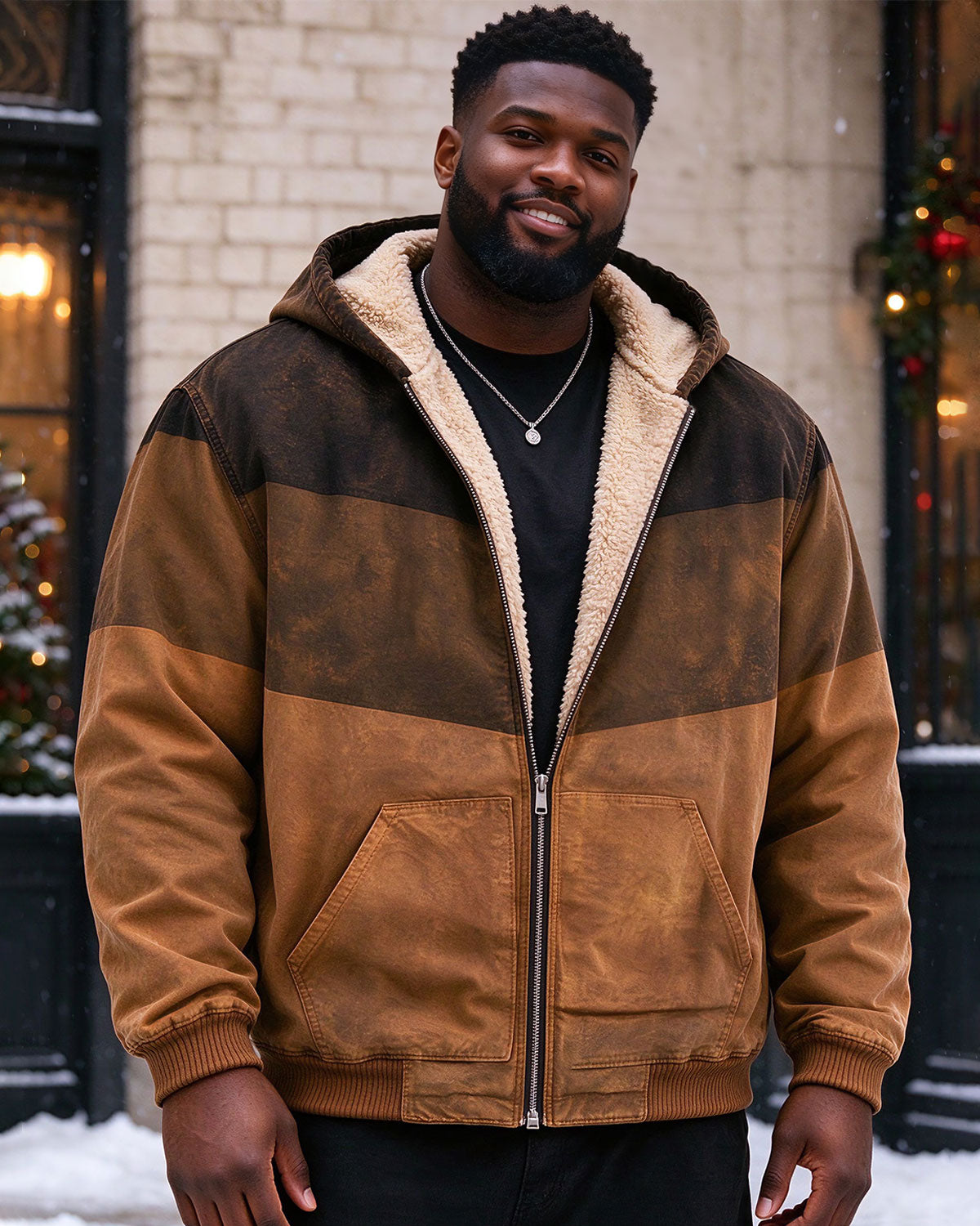 Large Size Men's Autumn And Winter Warm Fleece-lined Cold-proof Christmas Old Washable Printed Casual Jacket Hooded Jacket
