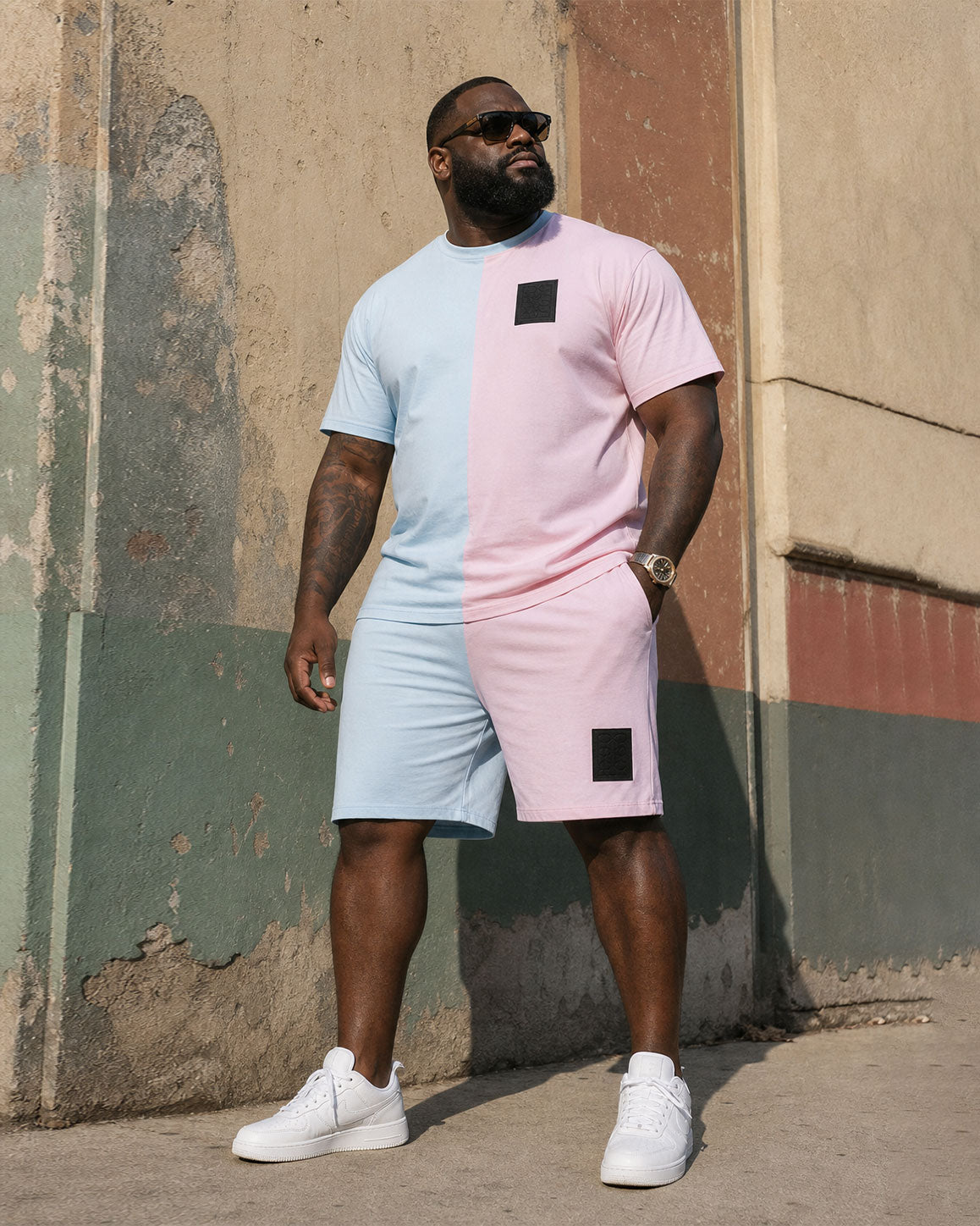 Big & Tall Men's Blue & Pink Contrast Casual Short Sleeve T-Shirt Shorts Set