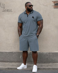 Big & Tall Men's Daily Travel Holiday Neck Stitching Chest Pony Printed POLO Shirt Short Sleeve Shorts Set