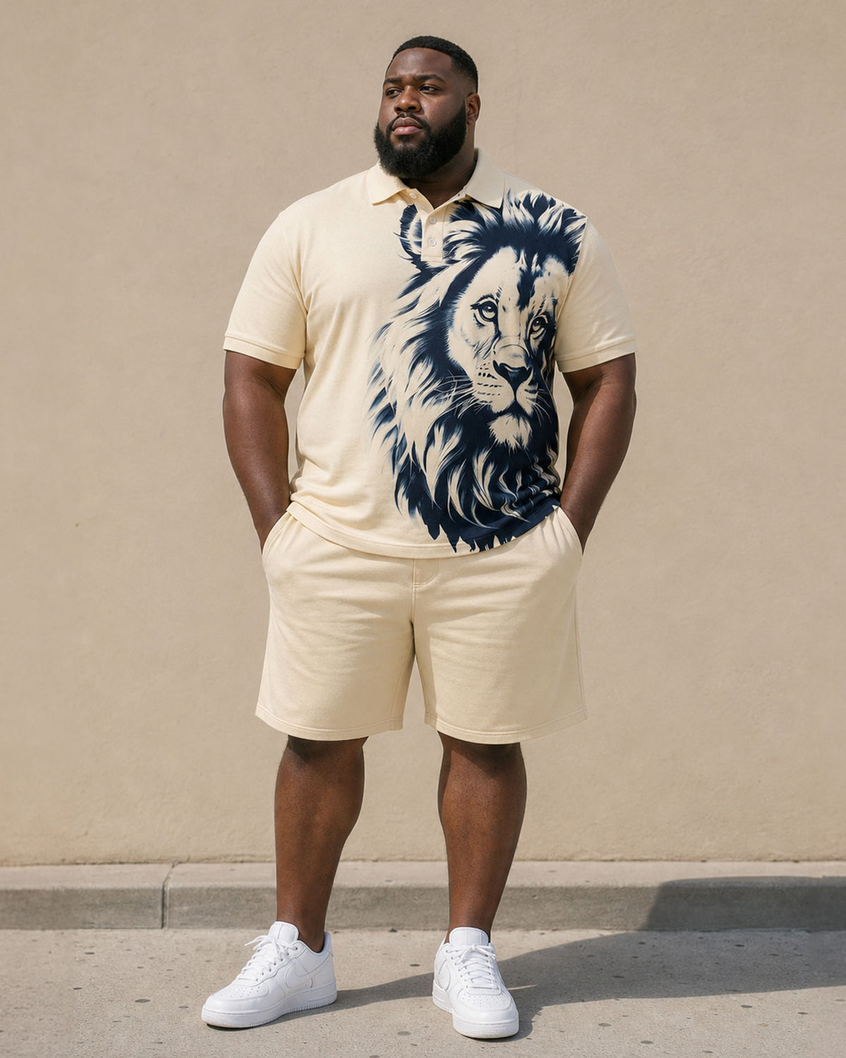 Big & Tall Men's Daily Leisure Holiday Party Large Lion Positioning Printed POLO Shirt Short Sleeve Shorts Set
