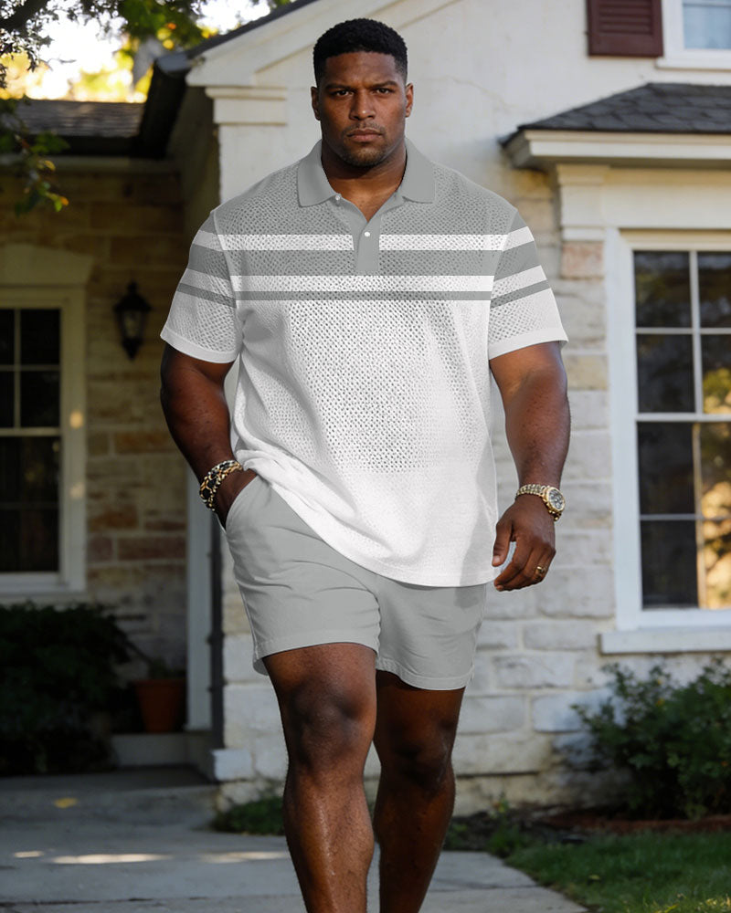 Large Size Men's Spring And Summer Casual Holiday Gray & White Simple Stitching Mesh Fabric Party Dating Valentine's Day Short Sleeve POLO Shirt Shorts Set