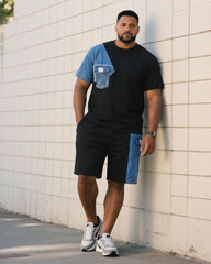 Big & Tall Men's Black & Imitation Denim Fabric Contrast Stitching T-Shirt Shorts Set