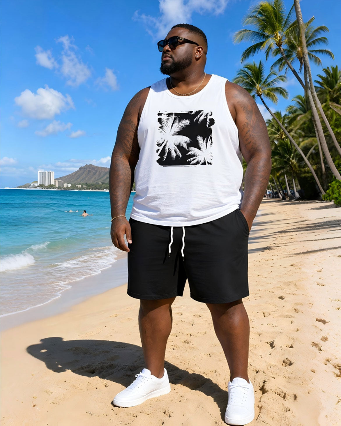Big & Tall Men's Black & White Floral Block Print Tank Top Shorts Set