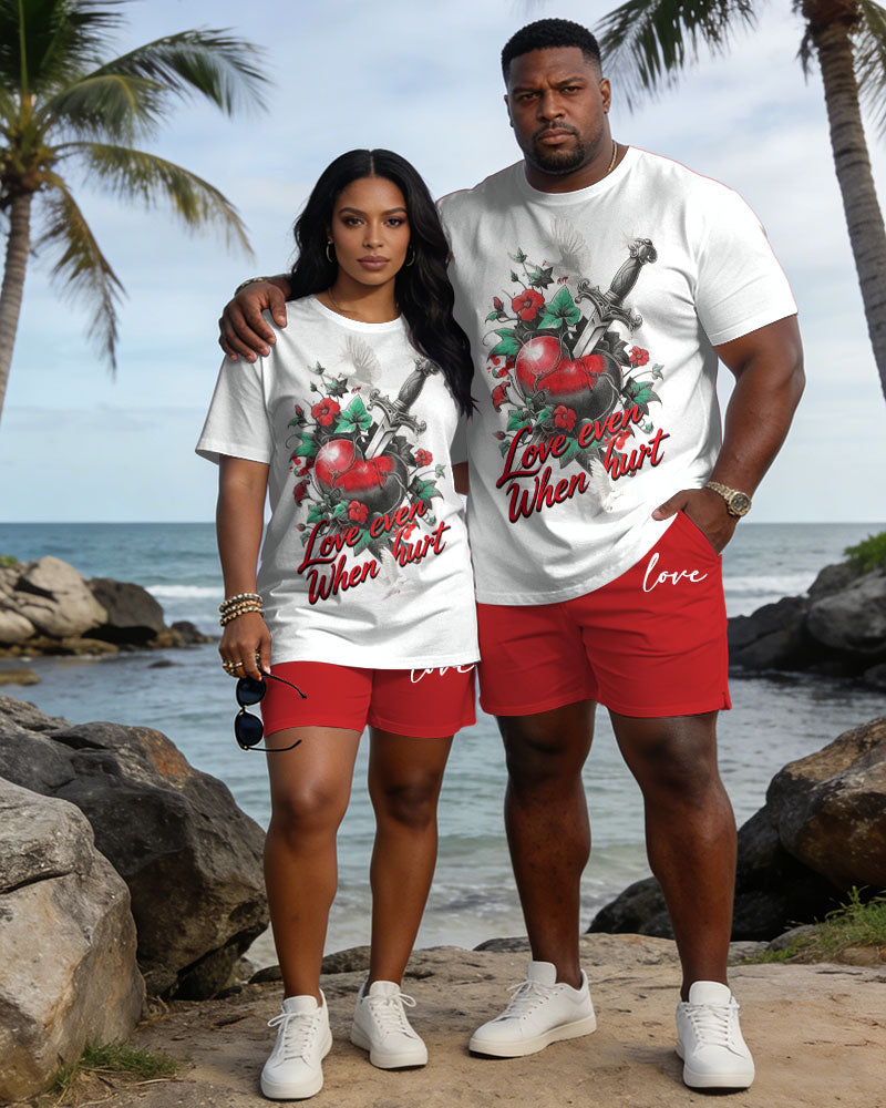 Big & Tall Spring And Summer New Valentine's Day Dating Party Party Vacation Sword Love Rose Round Neck Short Sleeve T-Shirt Shorts Set Couple Dress