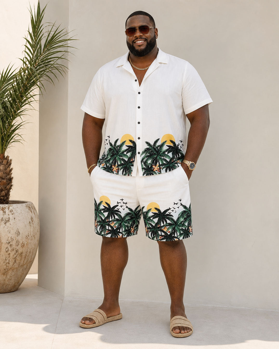 Big & Tall Men's Hawaiian Positioning Print Button Short Sleeve Shirt Shorts Set