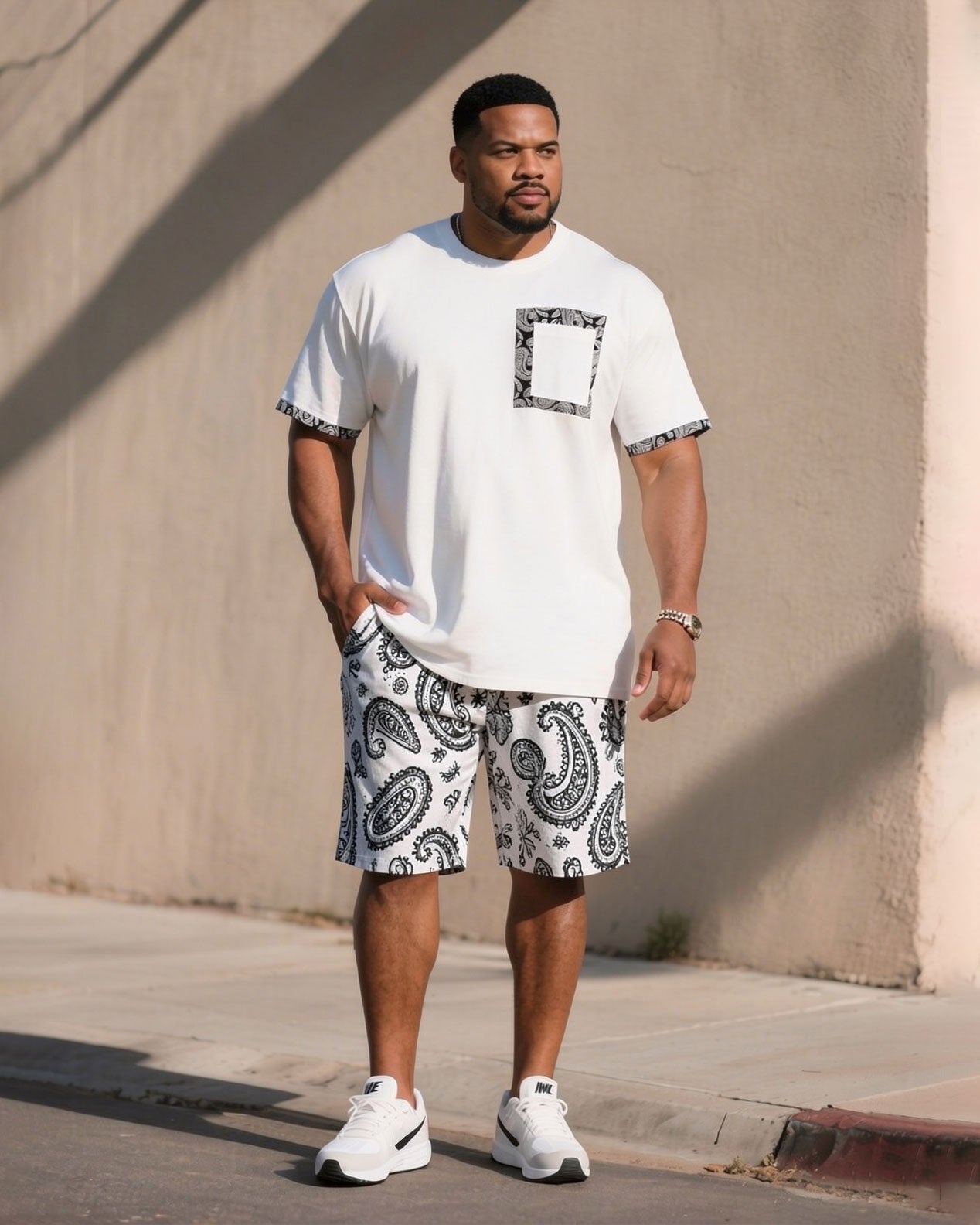 Big & Tall Men's Fashion Paisley Pocket Printed Feature Cuff Contrast Stitching T-Shirt Shorts Set