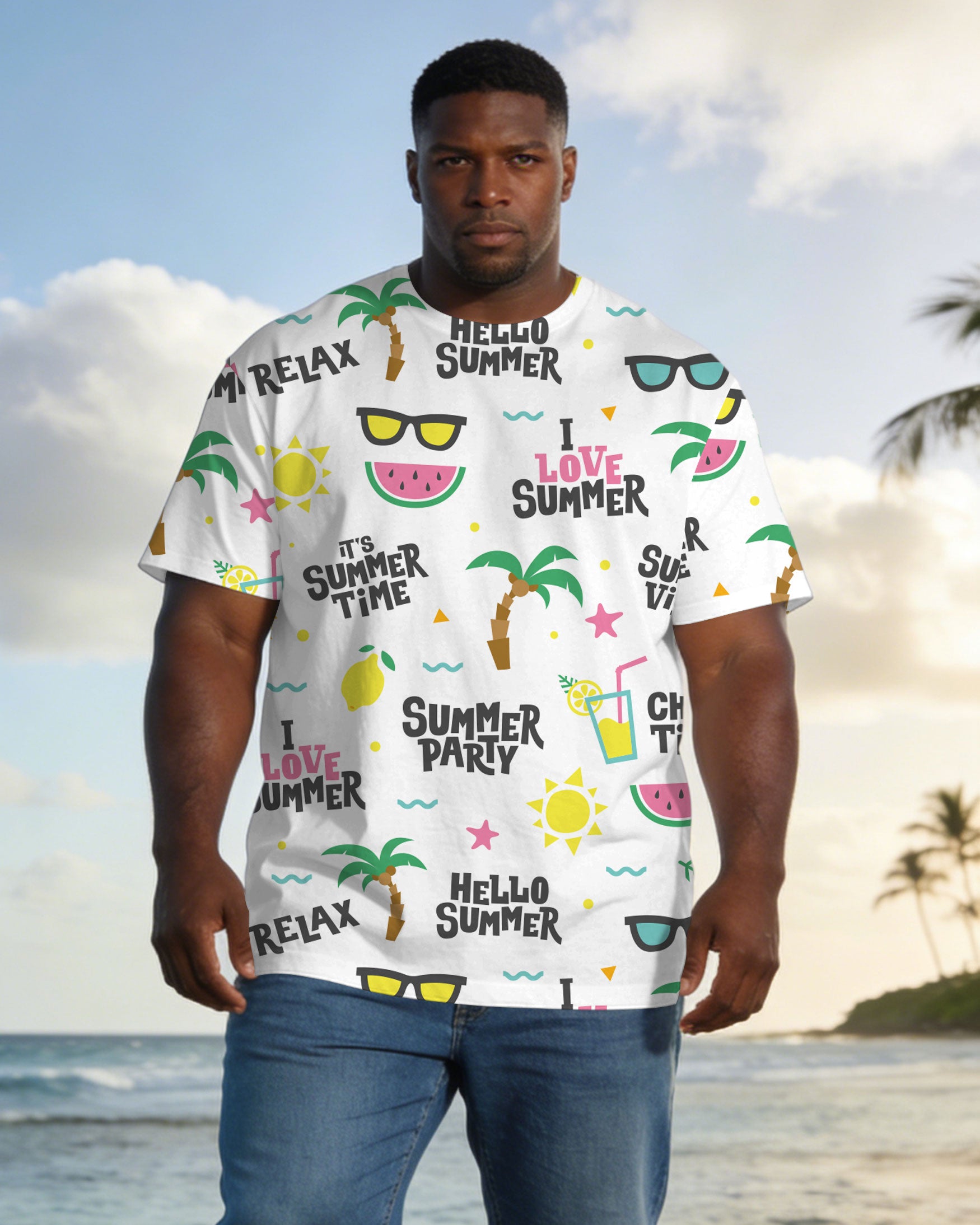 Large Size Men's White Holiday Fruit Party Glasses Square Continuous Print Short Sleeve T-shirt