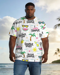 Large Size Men's White Holiday Fruit Party Glasses Square Continuous Print Short Sleeve T-shirt