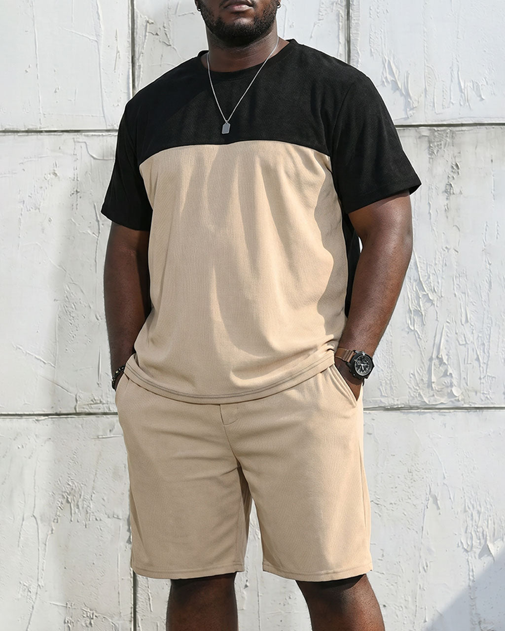 Big & Tall Men's Black & Khaki Simple Daily Holiday Short Sleeve T-Shirt Shorts Set