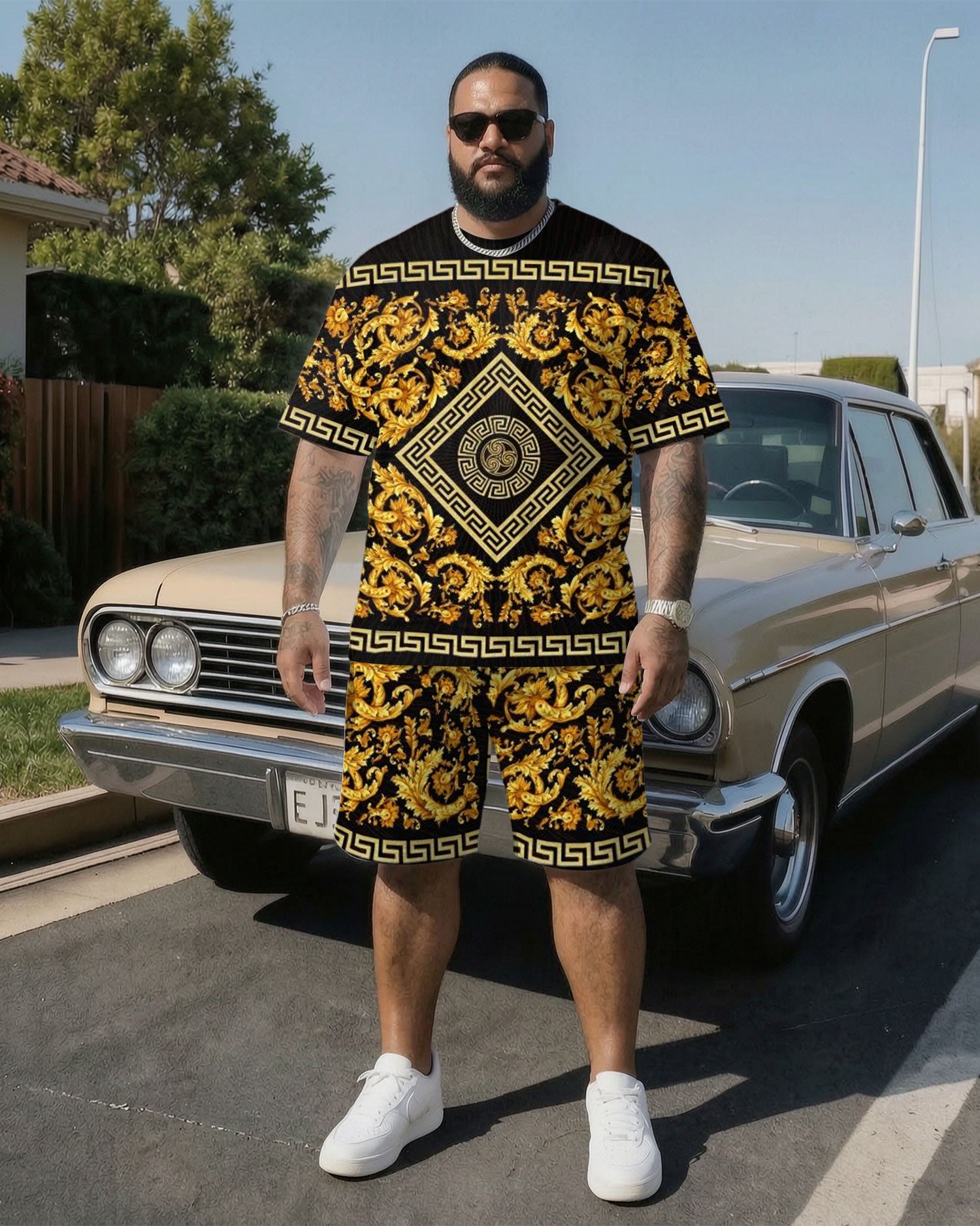Big & Tall Men' Luxury Classic Baroque Print Short Sleeve T-Shirt Shorts Set