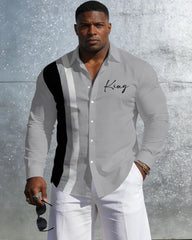Men's Plus Size Casual Vacation Party Couple Dating Dress Up Grey & Black Classic Color Matching Chest KING Slogan Printed Wrinkle-resistant New Lassel Long Sleeve Shirt