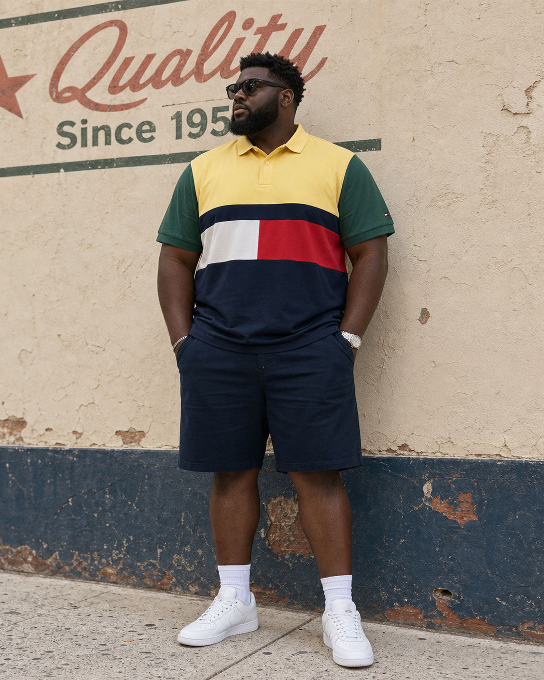 Big & Tall Men's Simple Geometric Stitching Contrast Button POLO Shirt Short Sleeve Shorts Set