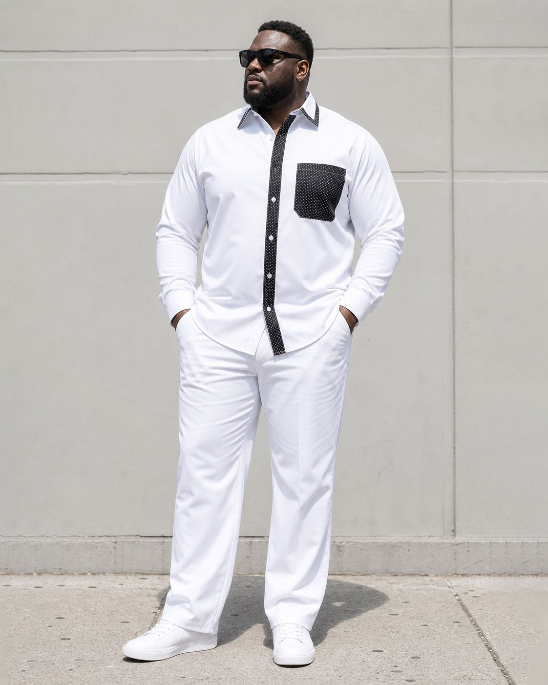 Big & Tall Men's Placket Neckline Features Stitching Chest Patch Pocket Long Sleeve Shirt Pants Suit