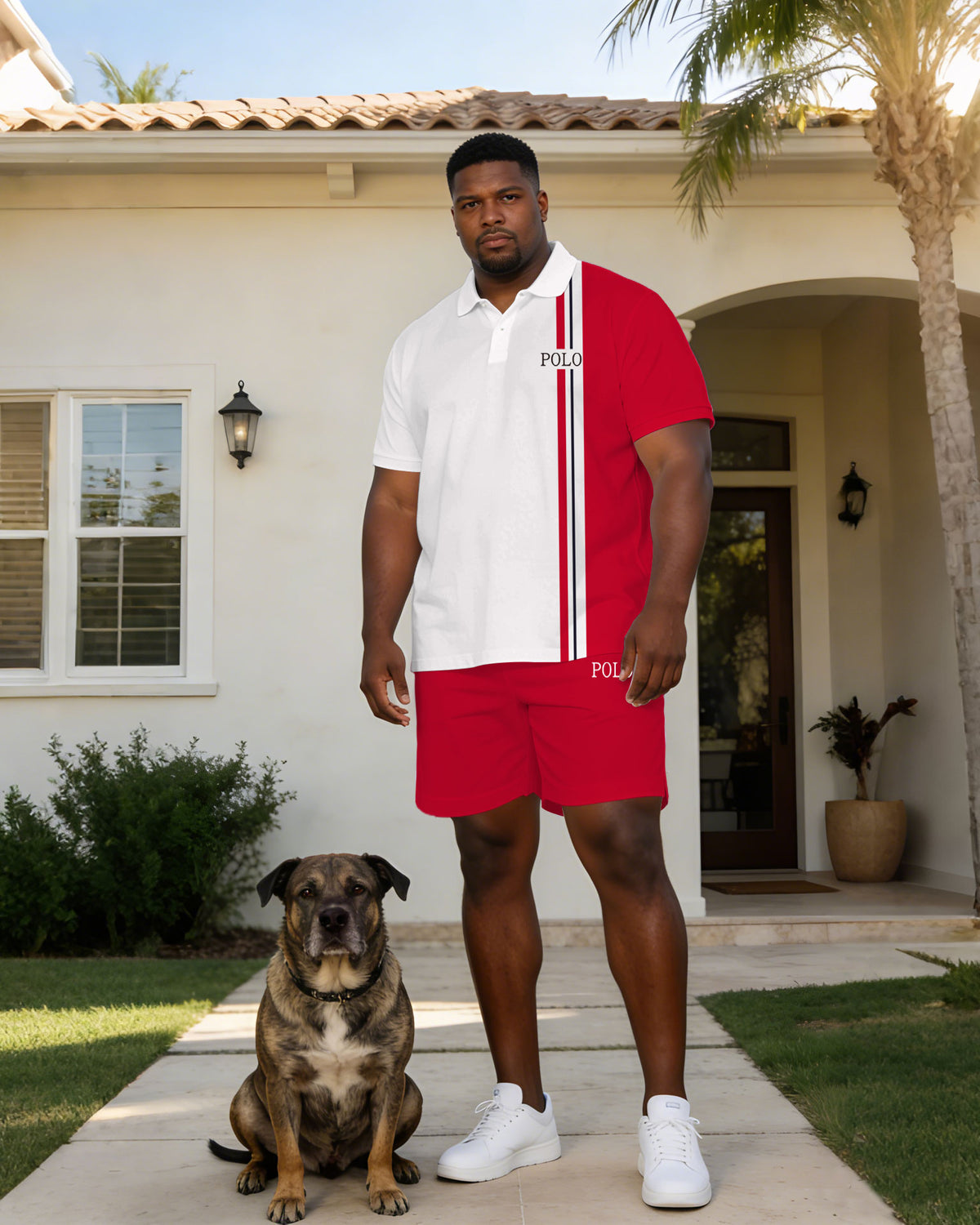 Red & White Small Label Printed Polo Shirt On Chest Short Sleeve Suit Large Size Men