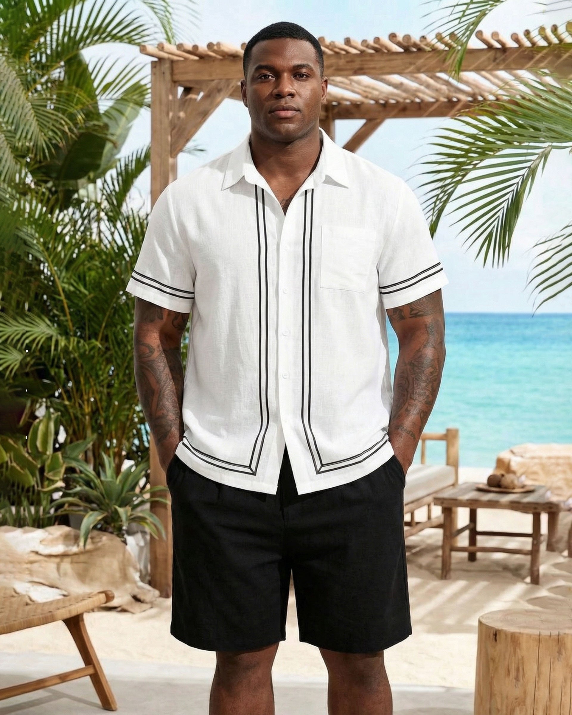 Big & Tall Men's White & Black Simple Line Chest Patch Pocket Short Sleeve Shirt Shorts Set