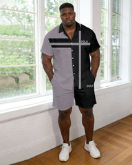 Men's Plus Size Black & Grey Contrast Short Sleeve Shirt Pants Set