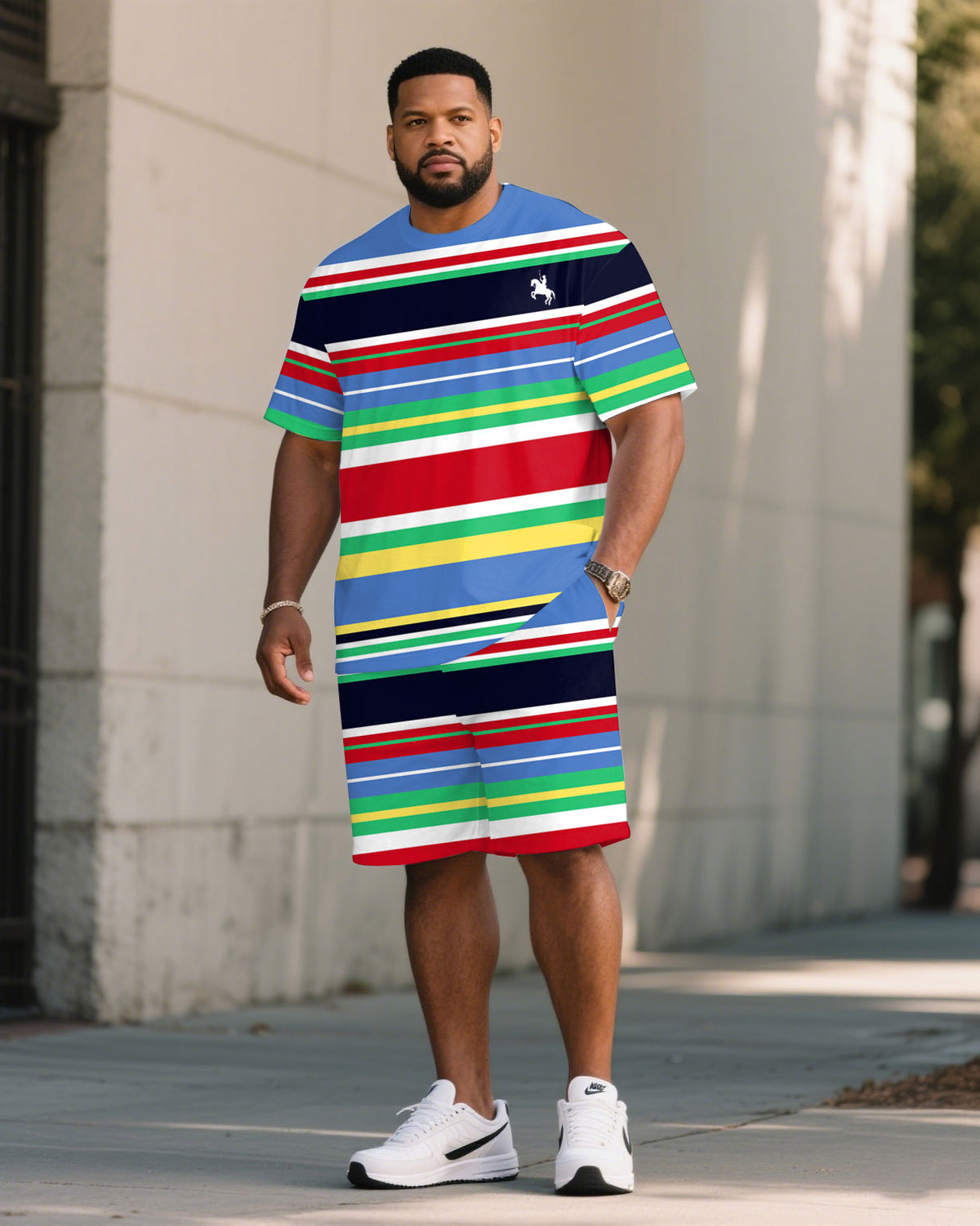 Big & Tall Men's Rainbow Striped Summer Chest Pony Print T-Shirt Shorts Set