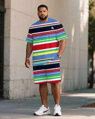 Big & Tall Men's Rainbow Striped Summer Chest Pony Print T-Shirt Shorts Set