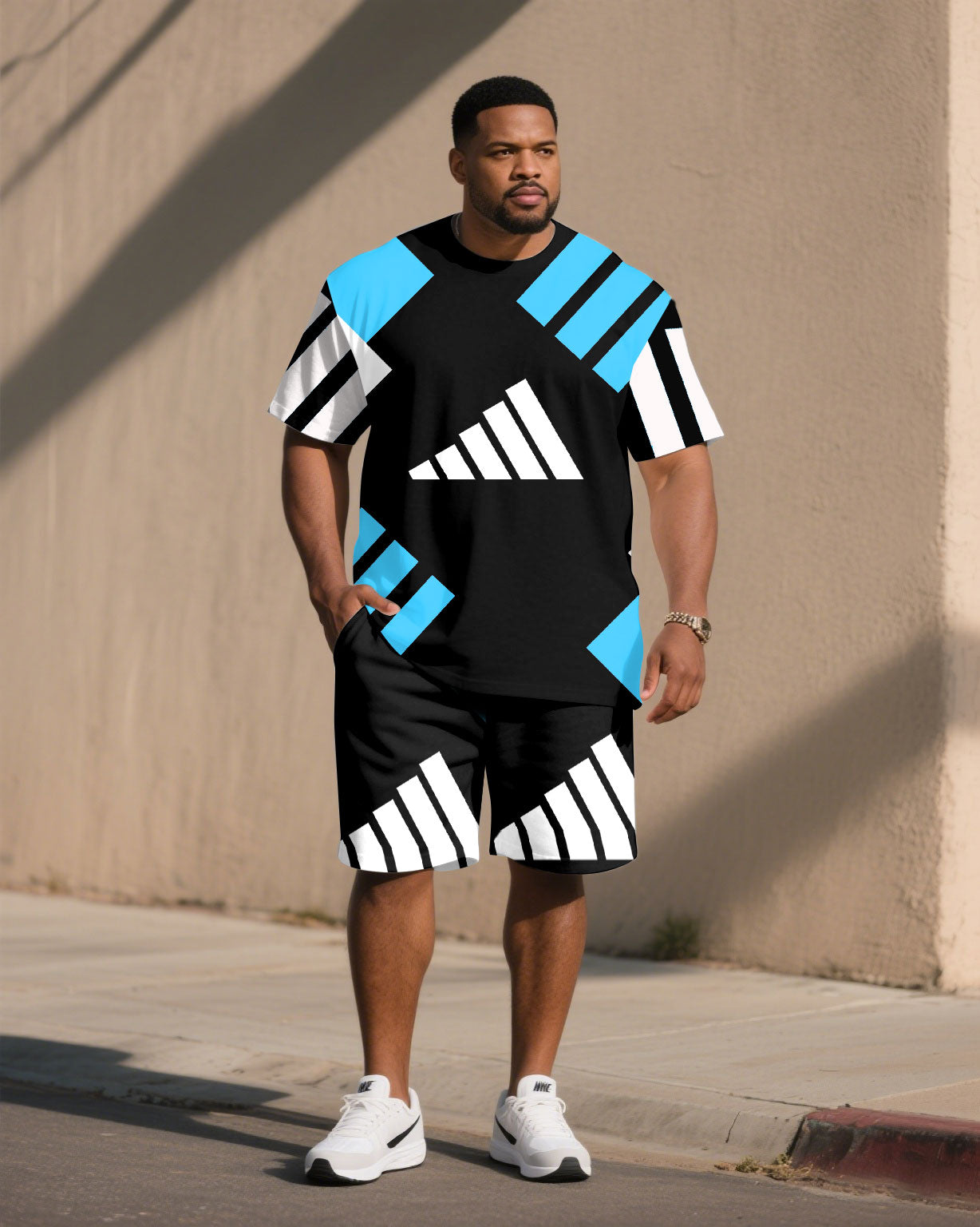 Big & Tall Men' Classic Geometric Street Fashion Young Short Sleeve T-Shirt Shorts Set