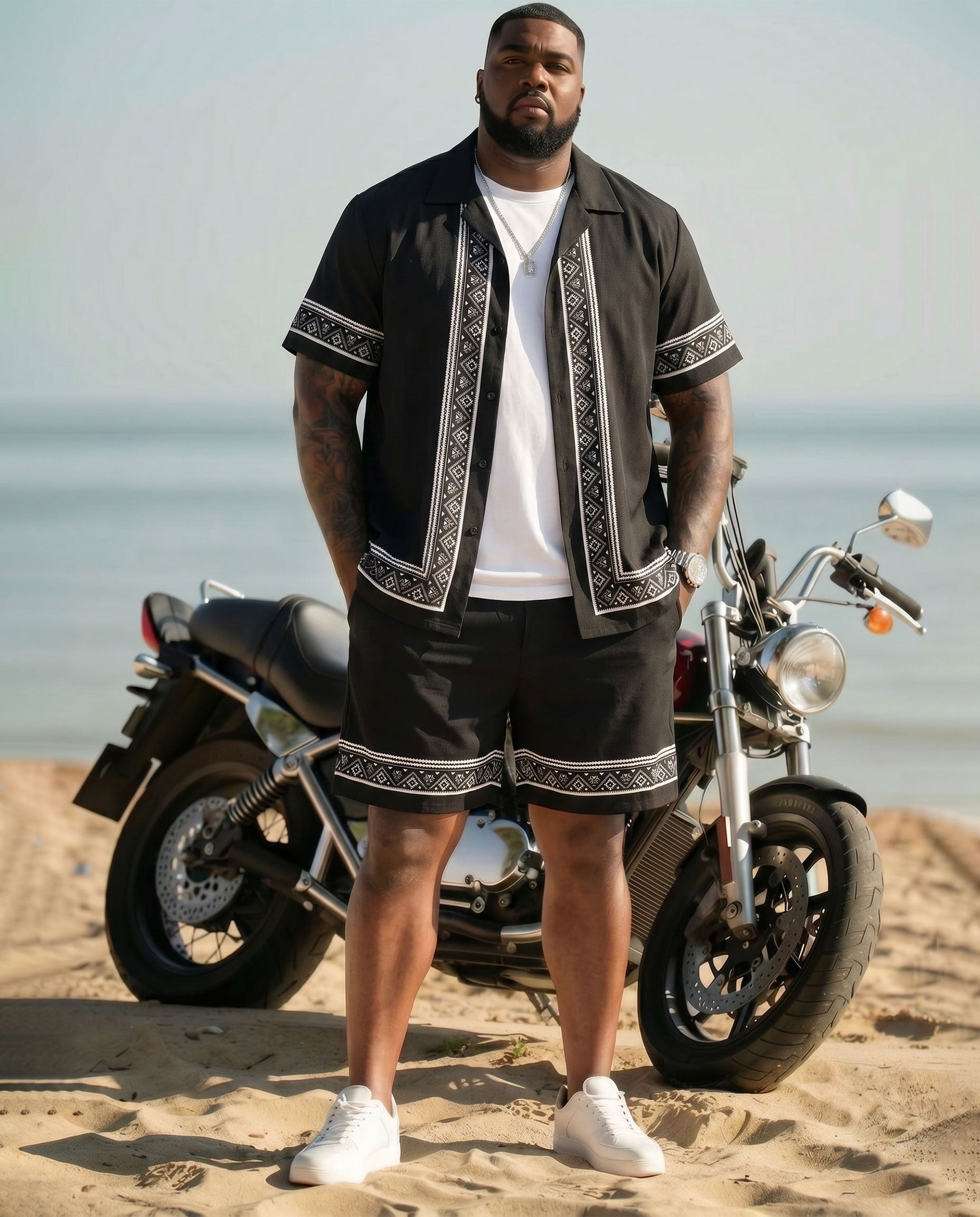 Big & Tall Men's Simple Holiday Casual Hawaiian Black Short Sleeve Cardigan Shirt Shorts Set