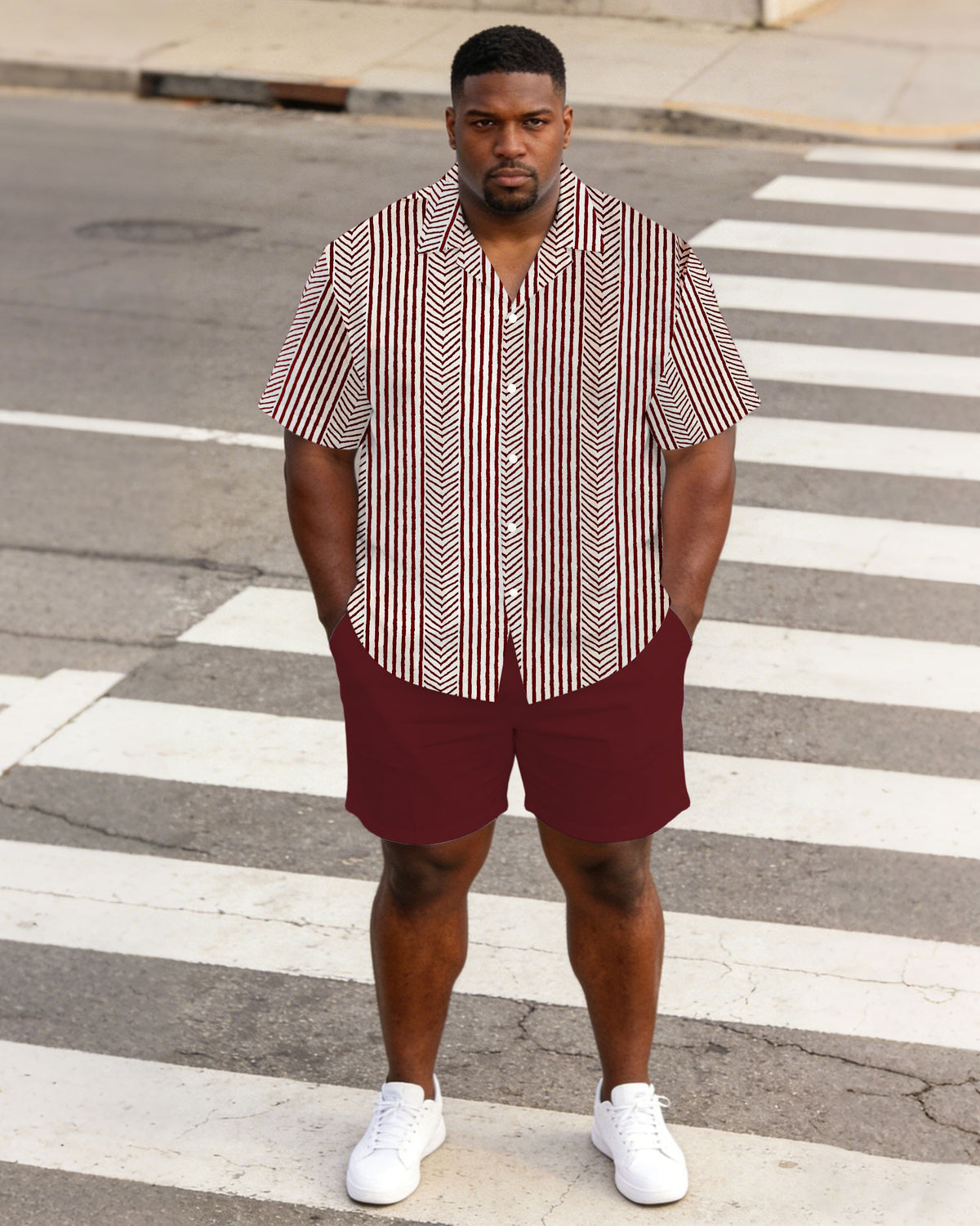 Men's Large Size Red Business Casual Short Sleeve Shirt Shorts Set