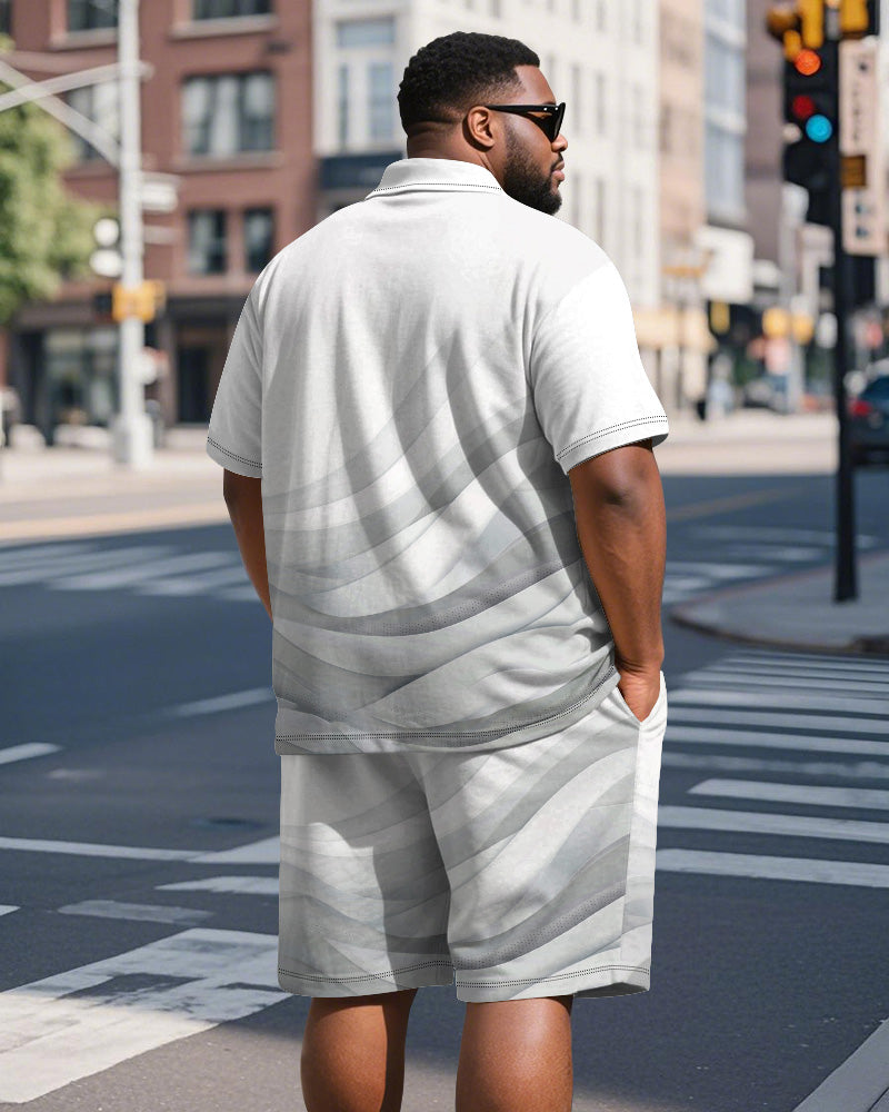 Big & Tall Men's Business Light Gray Line Gradient Print Short-sleeved Polo Shirt Shorts Suit