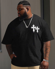 Big Men's Casual Simple Cross Faith Print Short Sleeve Trousers Set