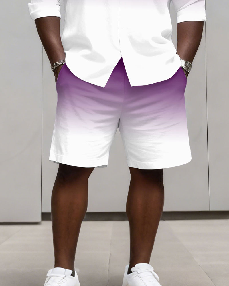 Big & Tall Men's Business Simple Gradient Contrast 2 Color Choice Long Sleeve Shirt Shorts Set