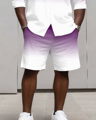 Big & Tall Men's Business Simple Gradient Contrast 2 Color Choice Long Sleeve Shirt Shorts Set