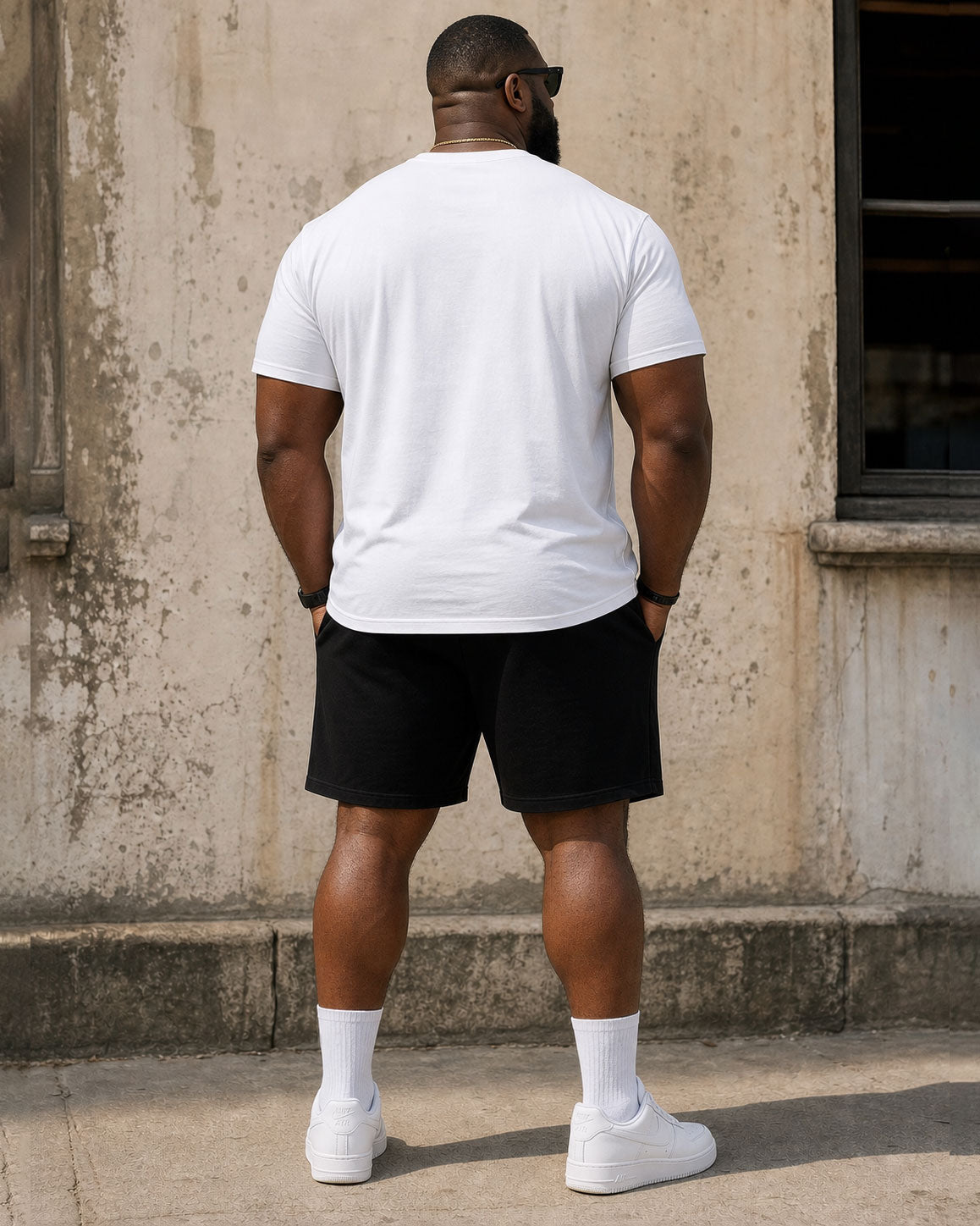 Plus-size men's simple casual furry silhouette short-sleeved T-shirt and shorts set