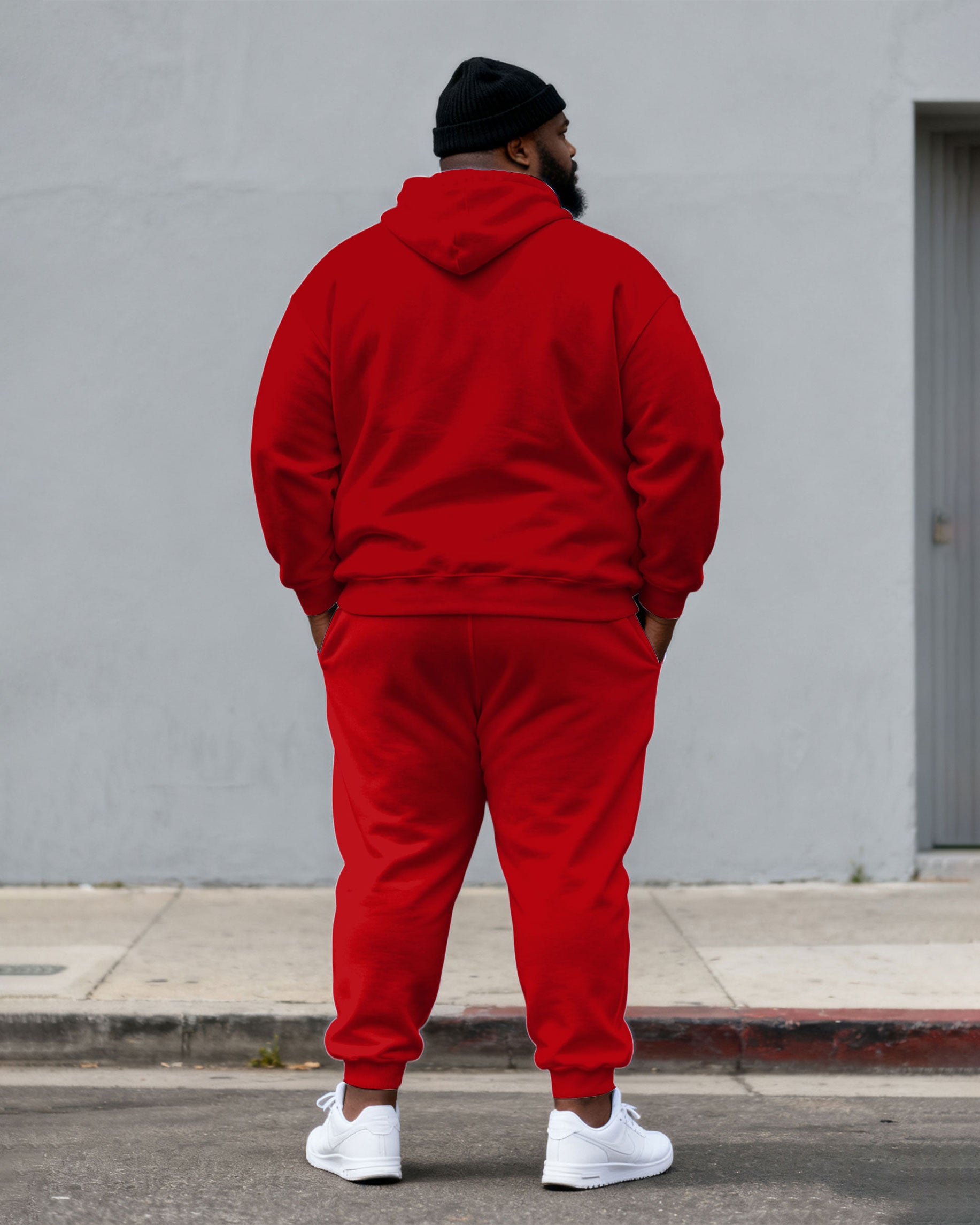 Large Size Men's Autumn And Winter Warm Cold-proof Gentleman Red & Black Chest Pony Kangaroo Large Pocket Hoodie Sweatpants Set