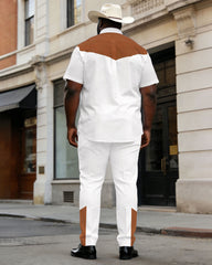 Big & Tall Men's Western Classic Khaki & White Short Sleeve Shirt Pants Set