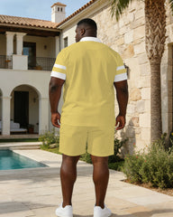 Business Casual Light Yellow & White Polo Shirt Short Sleeve Suit Large Size Men