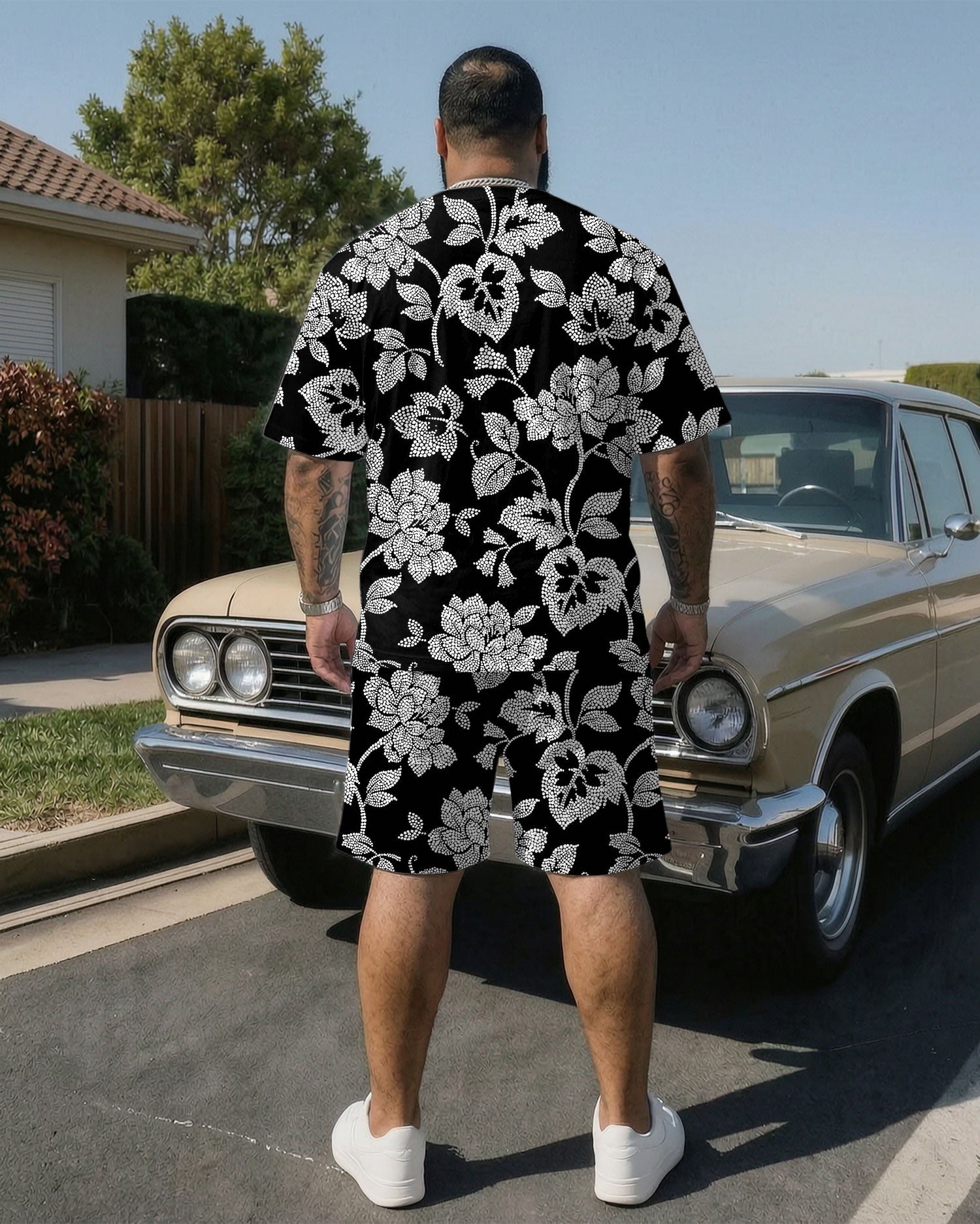 Big & Tall Men' High-end Exaggerated Full Print Short Sleeve T-shirt Shorts Set