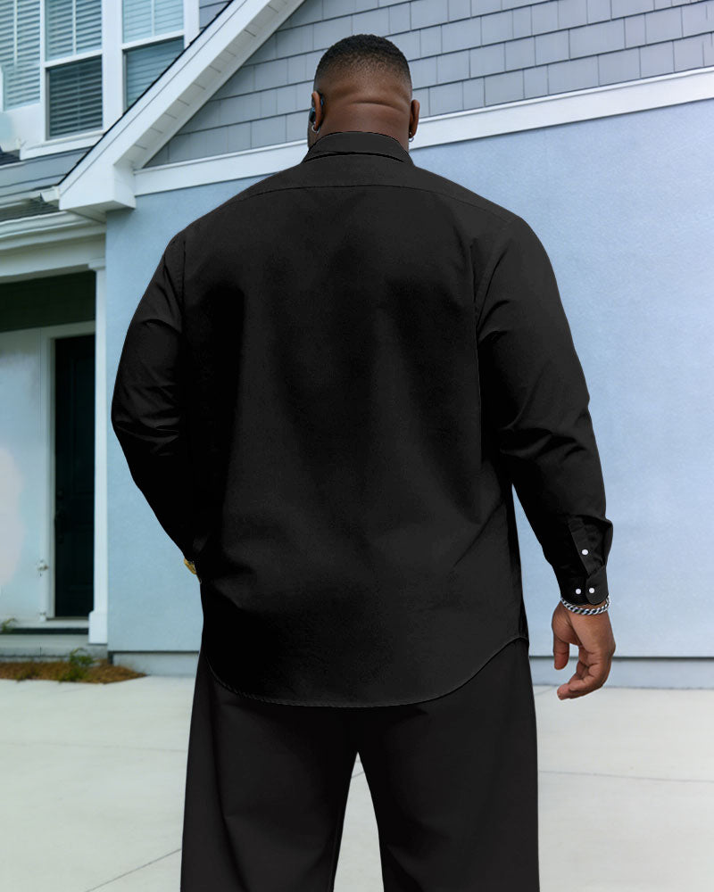 Men's Large Size Casual Vacation Dating Color Block Stitching Black Wrinkle-proof New Lasel Long-sleeved Shirt