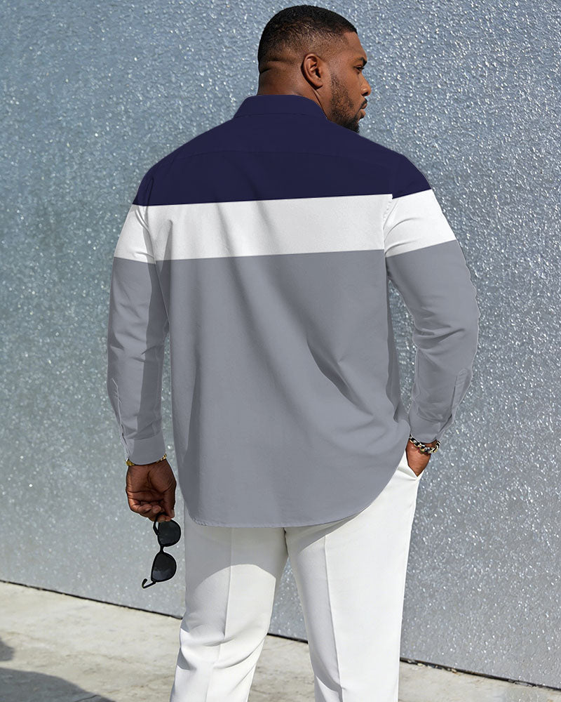 Men's Plus Size Casual Vacation Party Couple Dressing Dress Up Blue & White & Grey Stitching Anti-Wrinkle New Lasel Long Sleeve Shirt
