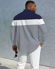 Men's Plus Size Casual Vacation Party Couple Dressing Dress Up Blue & White & Grey Stitching Anti-Wrinkle New Lasel Long Sleeve Shirt