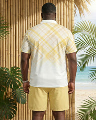 Big & Tall Men's Yellow Gradient Plaid Holiday Leisure POLO Shirt Short Sleeve Shorts Set