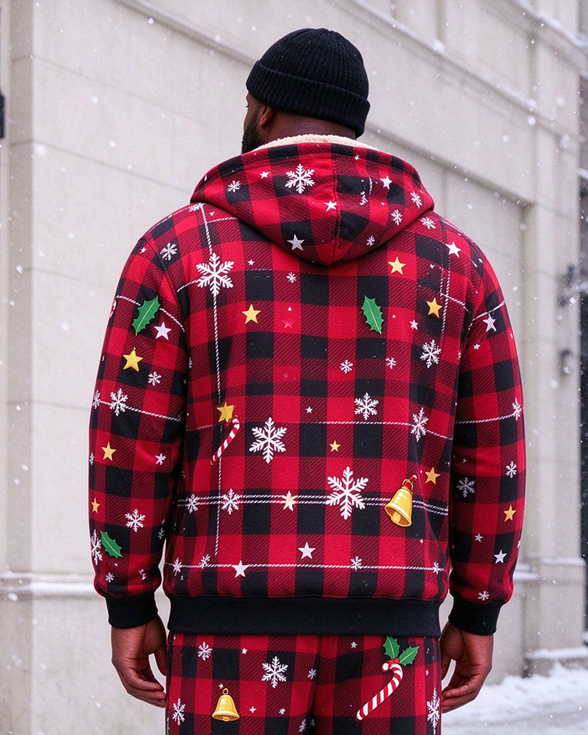 Large Size Men's Autumn And Winter Warm Fleece-lined Cold-proof Christmas Geometric Print Casual Jacket Hooded Jacket
