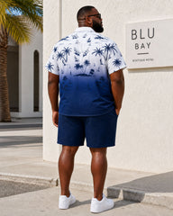 Big & Tall Men’s Gradient Dark Blue Floral Shirt Hawaiian Vacation Casual Outing Short-Sleeve Button-Down Shirt And Shorts Set