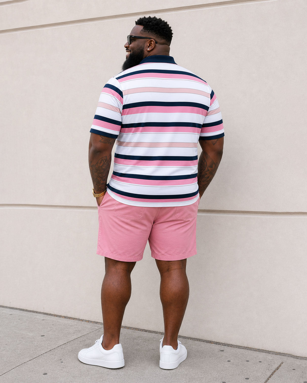 Big & Tall Men's Pink Striped Chest Small Label Printed Daily Travel Casual POLO Shirt Short Sleeve Shorts Set