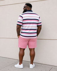 Big & Tall Men's Pink Striped Chest Small Label Printed Daily Travel Casual POLO Shirt Short Sleeve Shorts Set