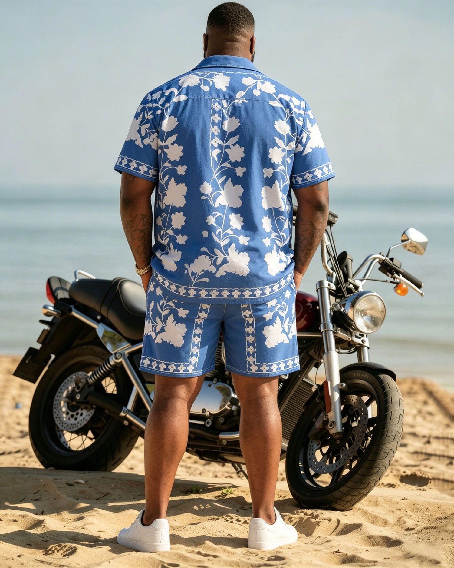 Big & Tall Men's Hawaiian Baroque Floral Symmetrical Print Cardigan Short Sleeve Shirt Shorts Set