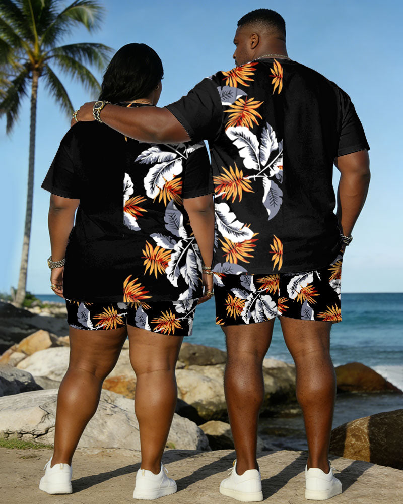 Big & Tall Spring And Summer New Valentine's Day Dating Party Party Holiday Hawaiian Flower Stitching Crewneck Short Sleeve T-Shirt Shorts Set Couple Dress