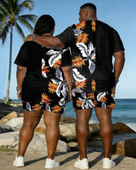 Big & Tall Spring And Summer New Valentine's Day Dating Party Party Holiday Hawaiian Flower Stitching Crewneck Short Sleeve T-Shirt Shorts Set Couple Dress