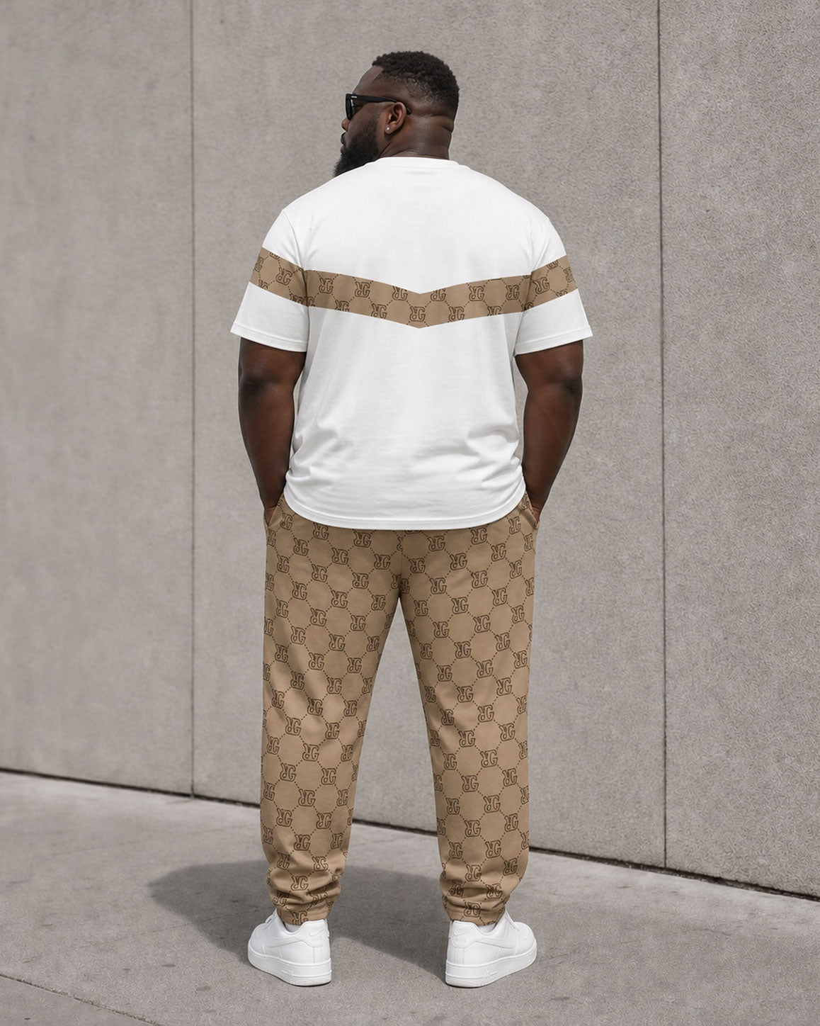 Big & Tall Men's Square Continuous Letter Printing Khaki Splicing White Short Sleeve T-Shirt Sports Pants Set